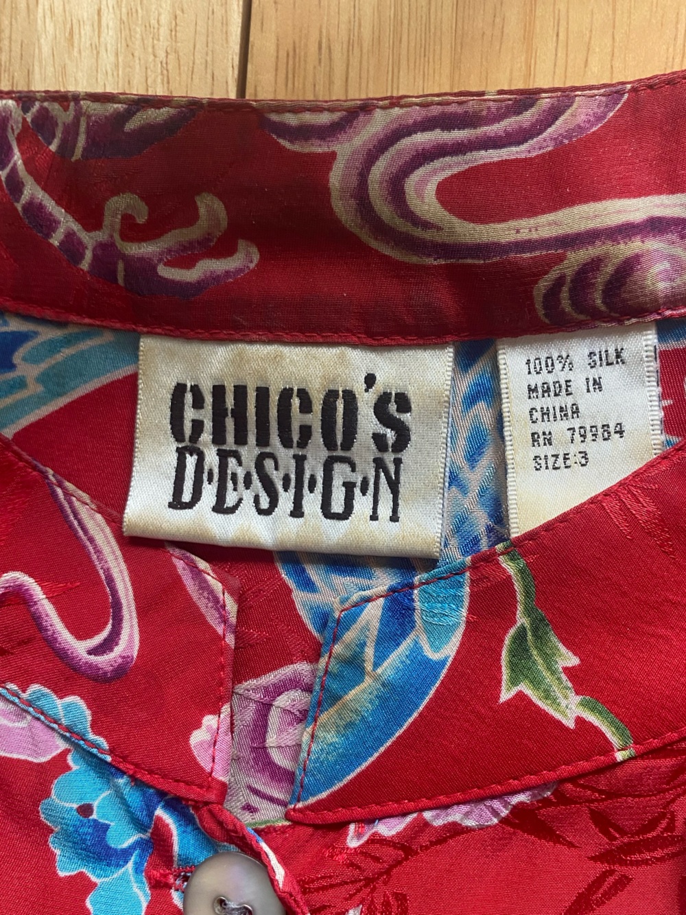 Vintage Chico's Red Silk Kimono Tunic Top with Blue Dragon and Floral Accents - Picture 3 of 8